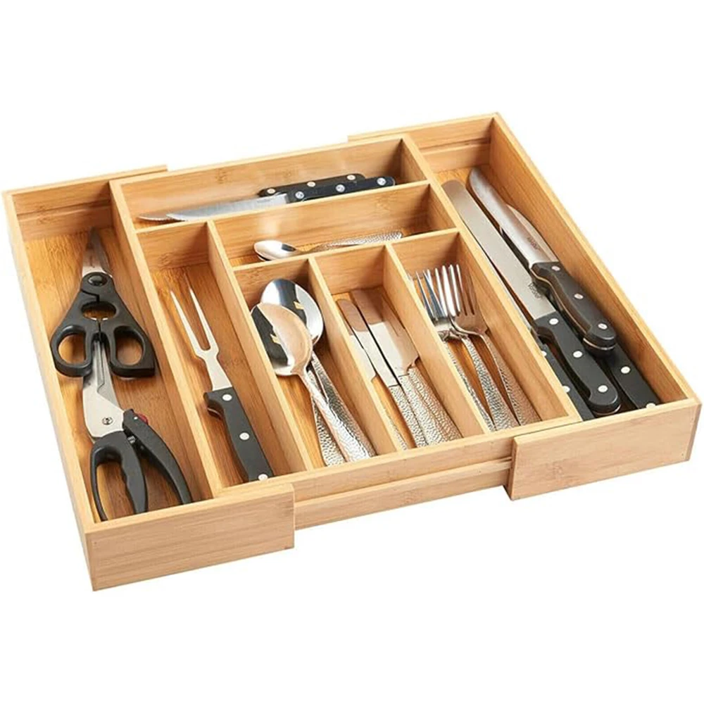 Bandeja de madera para cubiertos de bambú, inserto para cajón de cocina grande de 6-8 compartimentos, organizador de estante para utensilios, para el hogar y la Oficina