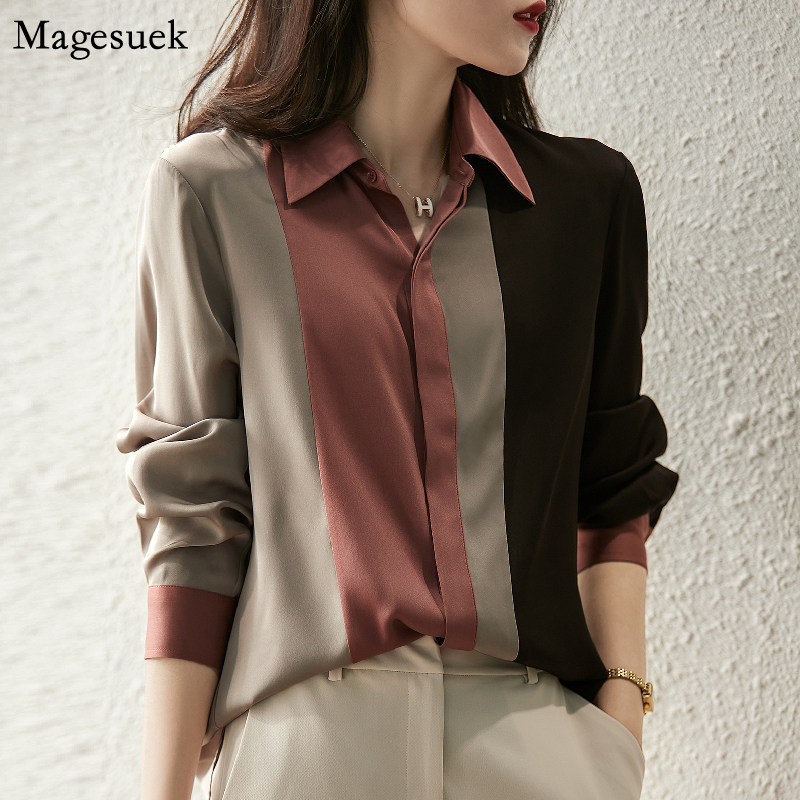 2025 blusa de satén con botones para mujer, nueva camisa Vintage de manga larga con cuello tipo Polo para mujer, Tops holgados elegantes, ropa 18146