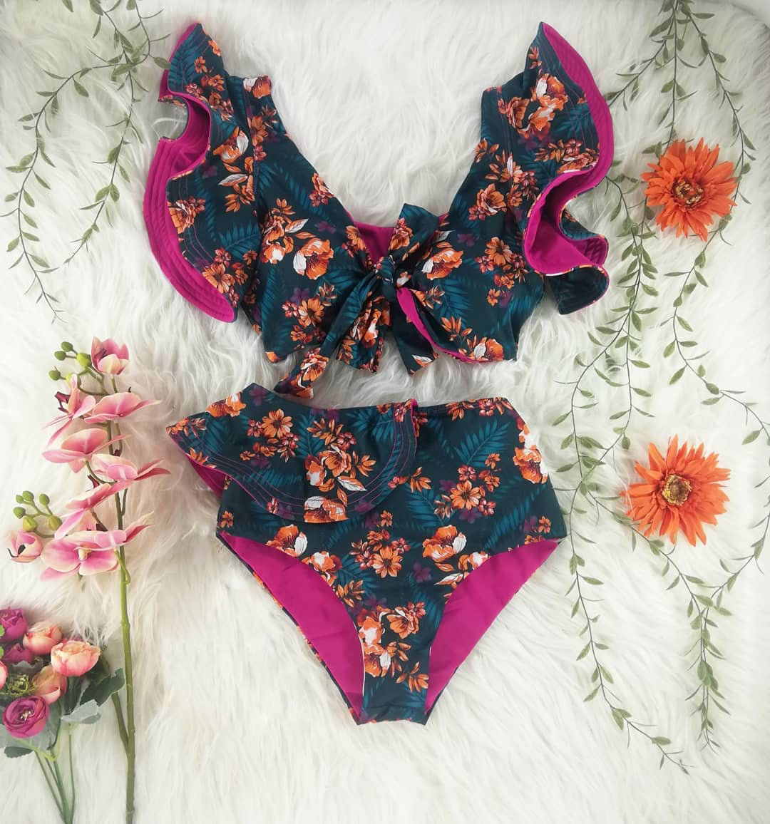 2025 New Bikini Floral Ruffled Bikini Set Women V-neck High Waist Two Piece Swimsuit Girl Beach Bathing Suit Swimwear Biquinis