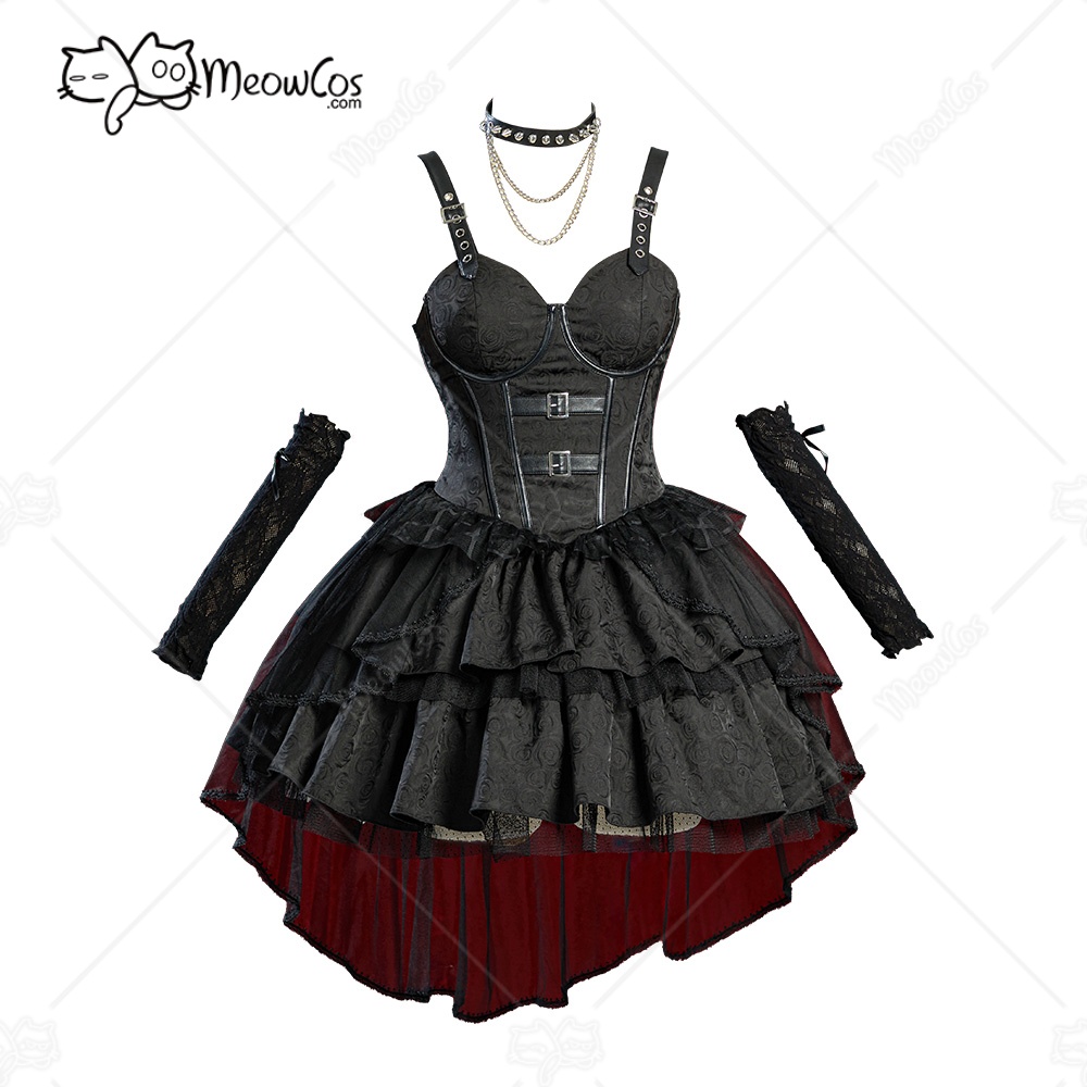 Meowcos feminino miss misa gótico preto lolita vestido vintage multi-camadas alças vestido com luvas cosplay traje