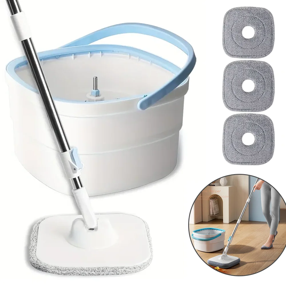 Wischmopp-Set mit Eimer, trennt sauberes und schmutziges Wasser, manuelle Press-und-Reinig-Funktion und Schleuder-Funktion, ausziehbarer Moppstiel