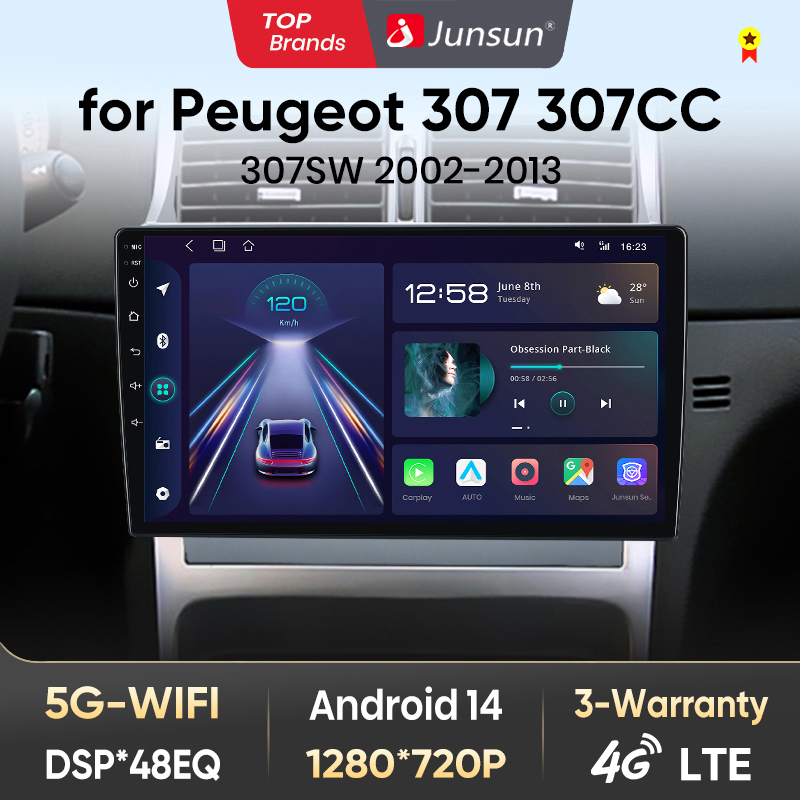 Junsun วิทยุติดรถยนต์อัจฉริยะสำหรับ Peugeot 307 307SW 2002-2013ไร้สายระบบ CarPlay Android รถยนต์ระบบอัจฉริยะ NO 2 DIN 2DIN DVD