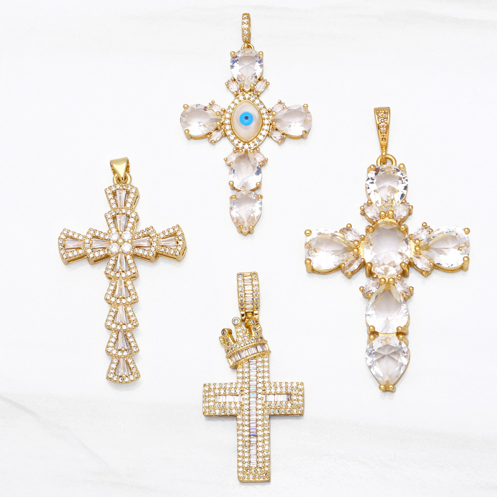 OCESRIO Grandi pendenti a croce per la creazione di gioielli Forniture di zirconi in rame placcato oro per gioielli religiosi fai da te pdta632