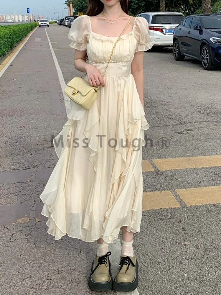 ฤดูร้อนชีฟอง Fairy ชุดผู้หญิง Elegant Party Midi ชุดลำลองหญิง MODE Korea Designer หนึ่งชิ้นชุด2023ใหม่
