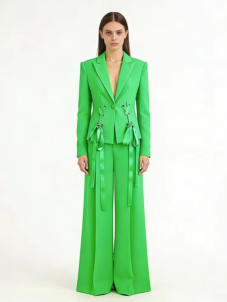 HIGH STREET Nieuwste Mode 2026 Zomer/Herfst Designer Runway Dames Blazerpak met strikbandjes, enkele knoop, rechte broek, 2-delig