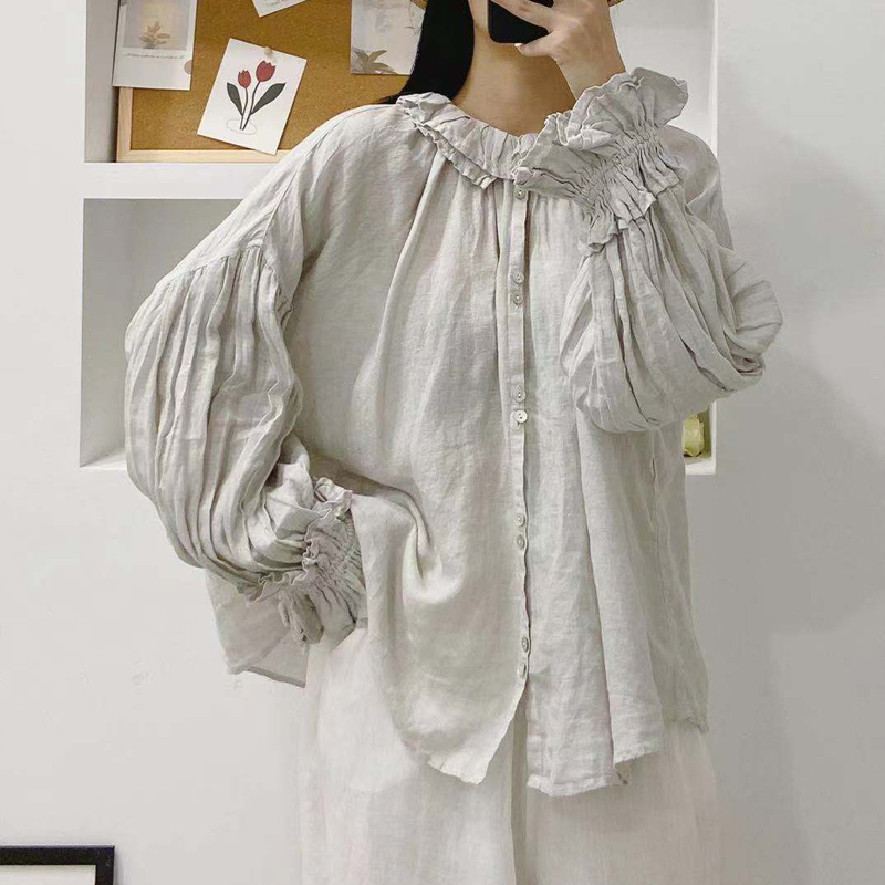 Johnature, novedad de otoño, blusas y tops de lino Vintage con botones Mori para mujer, camisas holgadas de Color sólido con cuello con volantes para mujer