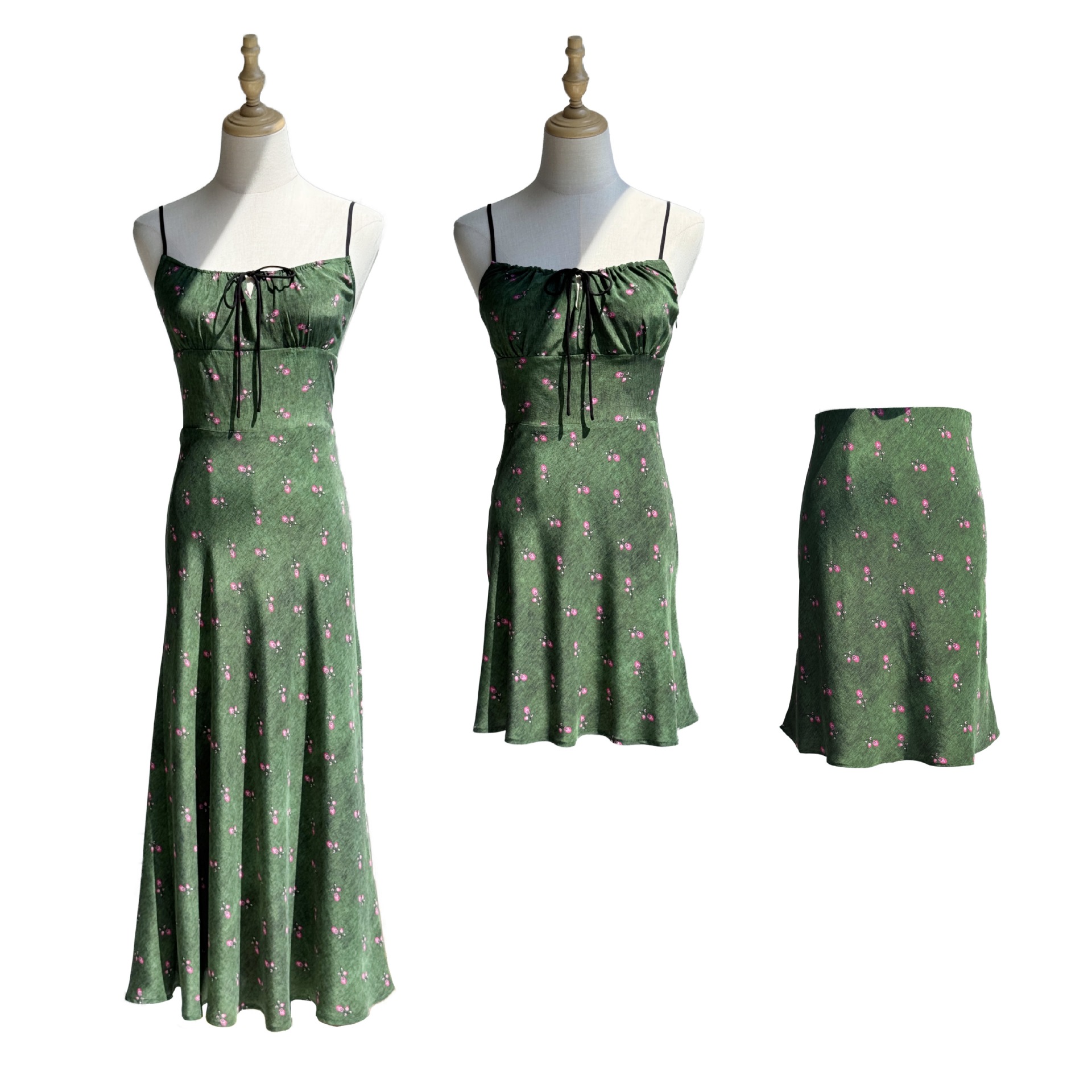 Moss Green Pink Plum · French Lazy Sand Wash Double Crepe Slant Silk Wrapped Chest Drawstring Strap Dress+Half Skirt