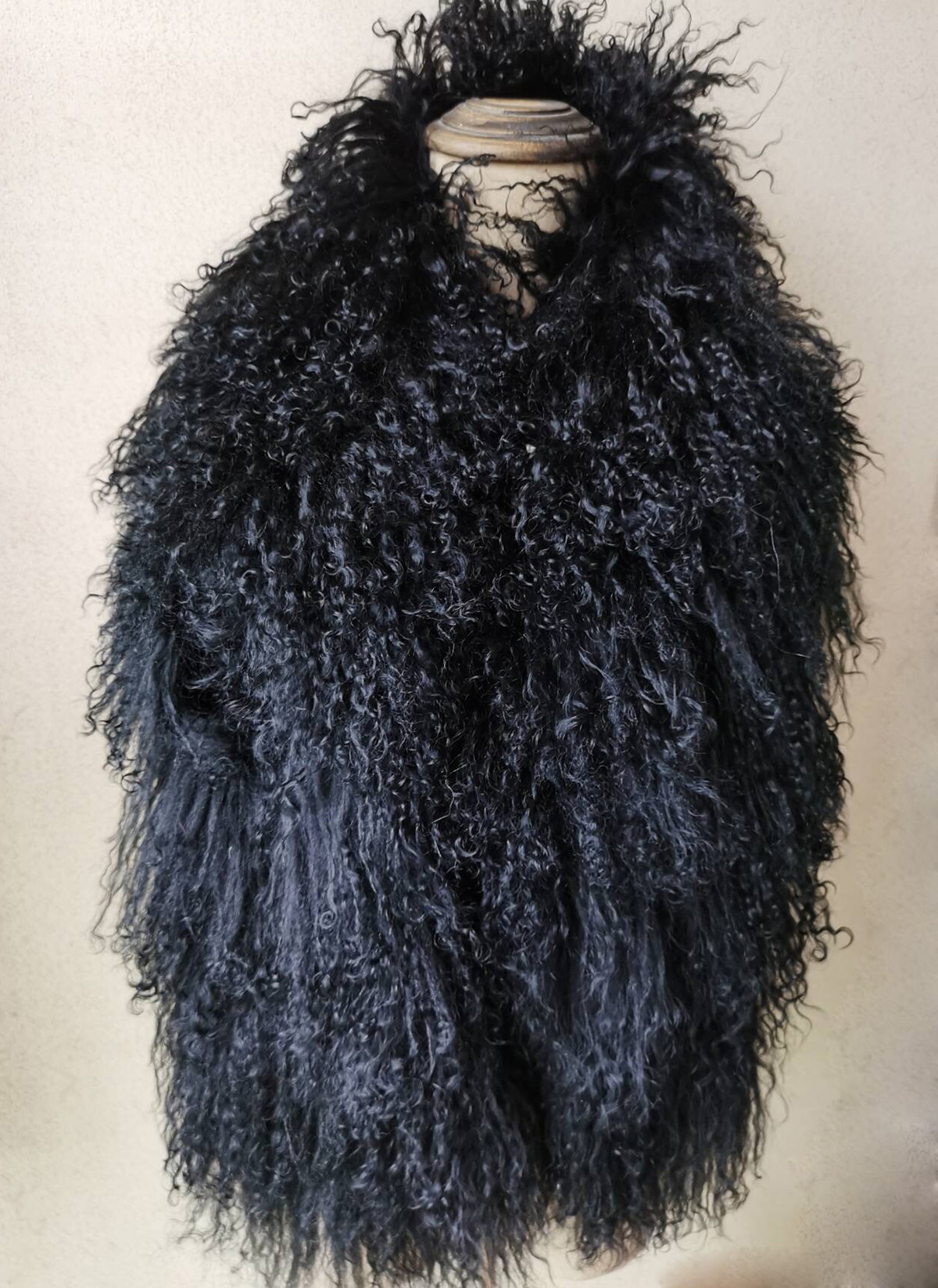 Langer Schal aus echtem mongolischem Lammfell, doppelseitig, warmer Winterschal, schwarz