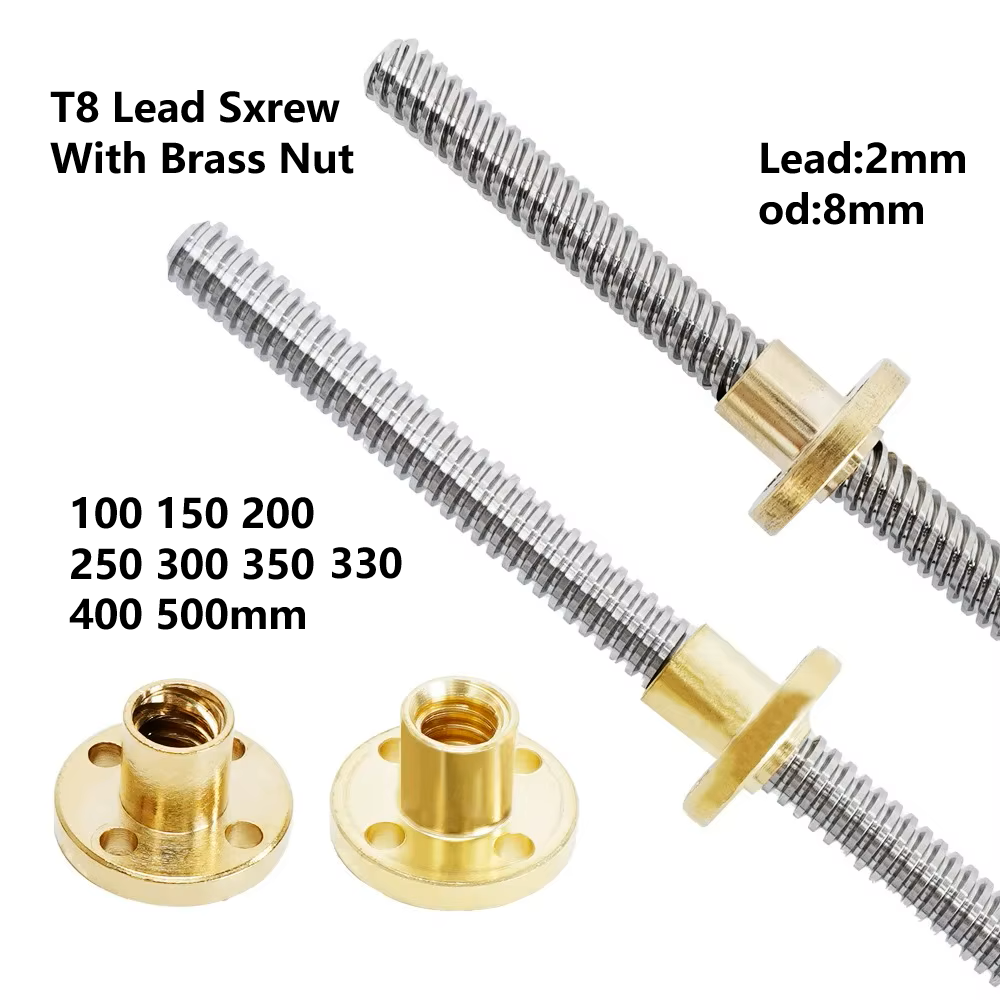 Śruba pociągowa T8 z nakrętką OD 8 mm Skok 2 mm 2 mm 100 mm 200 mm 300 mm 400 mm 500 mm Śruba pociągowa z mosiężną nakrętką Części do drukarek 3D Reprap