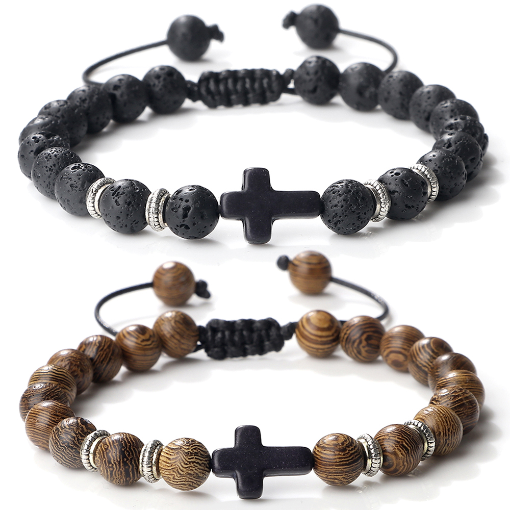 Gelang salib doa panas pria, buatan tangan 8mm mata harimau alami batu Lava manik-manik kayu gelang kepang perhiasan Vintage untuk wanita