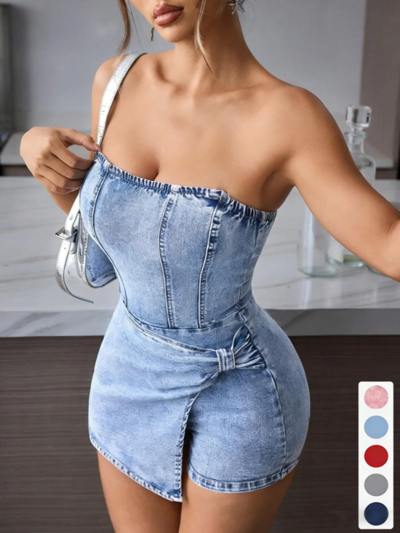 ✨   Gaun Denim Tanpa Lengan Wanita |   Desain Tanpa Tali Depan yang Unik, Esensial untuk Gadis Kekinian di Musim Panas