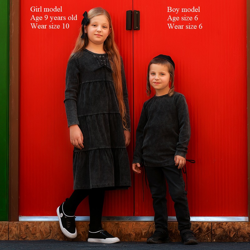2024 geribbelde zwarte gewassen sets met touwtje winterkleding jurk voor meisjes kinderoverhemden en babybroeken zwarte vermoeide jurken