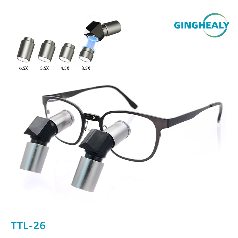 แว่นขยายสำหรับศัลยกรรมทางทันตกรรม Ginghealy 26 TTL แบบ Ergonomic พร้อมกรอบไทเทเนียมเปลี่ยนได้ เลนส์กำลังขยาย 3.5X 4.5X 5.5X 6.5X - ปรับเปลี่ยนกำลังขยายได้