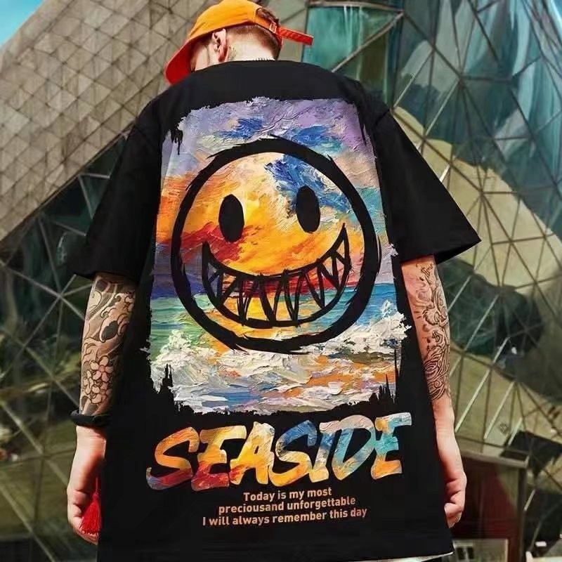 8XL Locker sitzendes, trendiges American Vintage Graffiti Expressi Pattern Print T-Shirt mit weichem, lässigem, vielseitigem Paar-Outfit für Herren