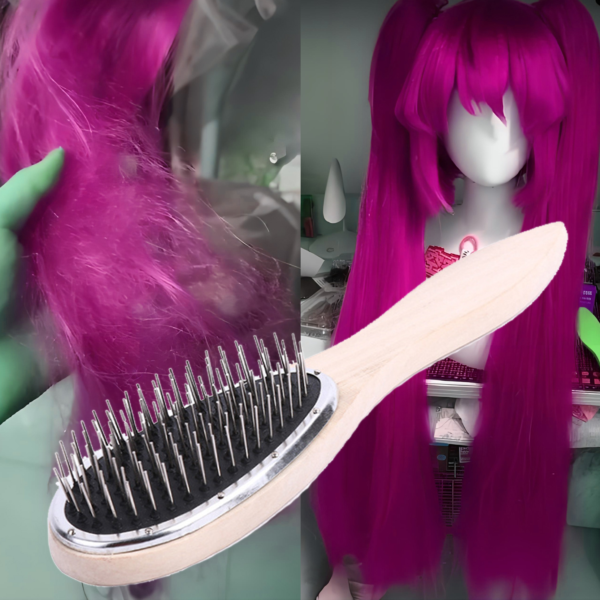 Escova de Cabelo de Madeira, Pente para Separar Mechas, Escova para Perucas, Pente de Aço Anti-Estático para Desembaraçar Extensões de Cabelo