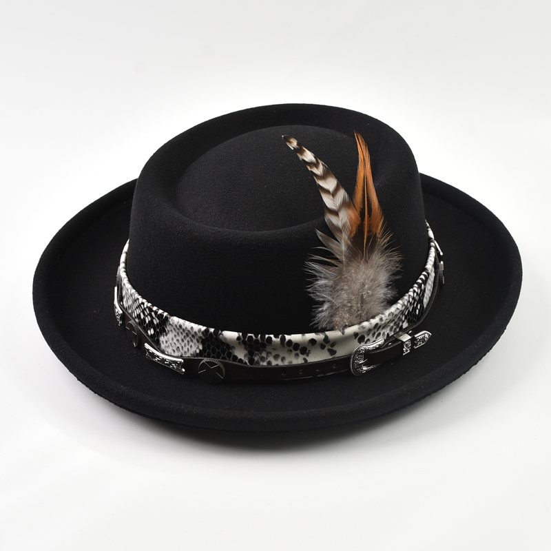 Sombrero clásico de tarta de cerdo de fieltro suave de lana de imitación Sombrero Fedora de fieltro de ala enrollada para hombre con pluma
