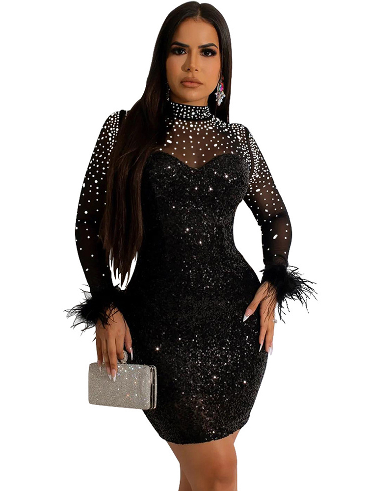 Sexy Mesh Strass Pailletten Feder Prom Mini Kleider Durchsichtig Nachtclub Outfits Party Sexy Clubwear Diamant Kurzes Kleid