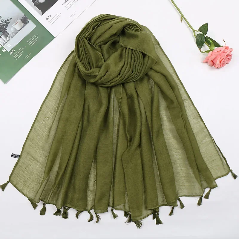 Moda Mujer Hijab de viscosa bufanda borla chal suave diadema musulmana Foulard largo Pashmina Mujer pañuelos pañuelos para la cabeza turbante Mujer