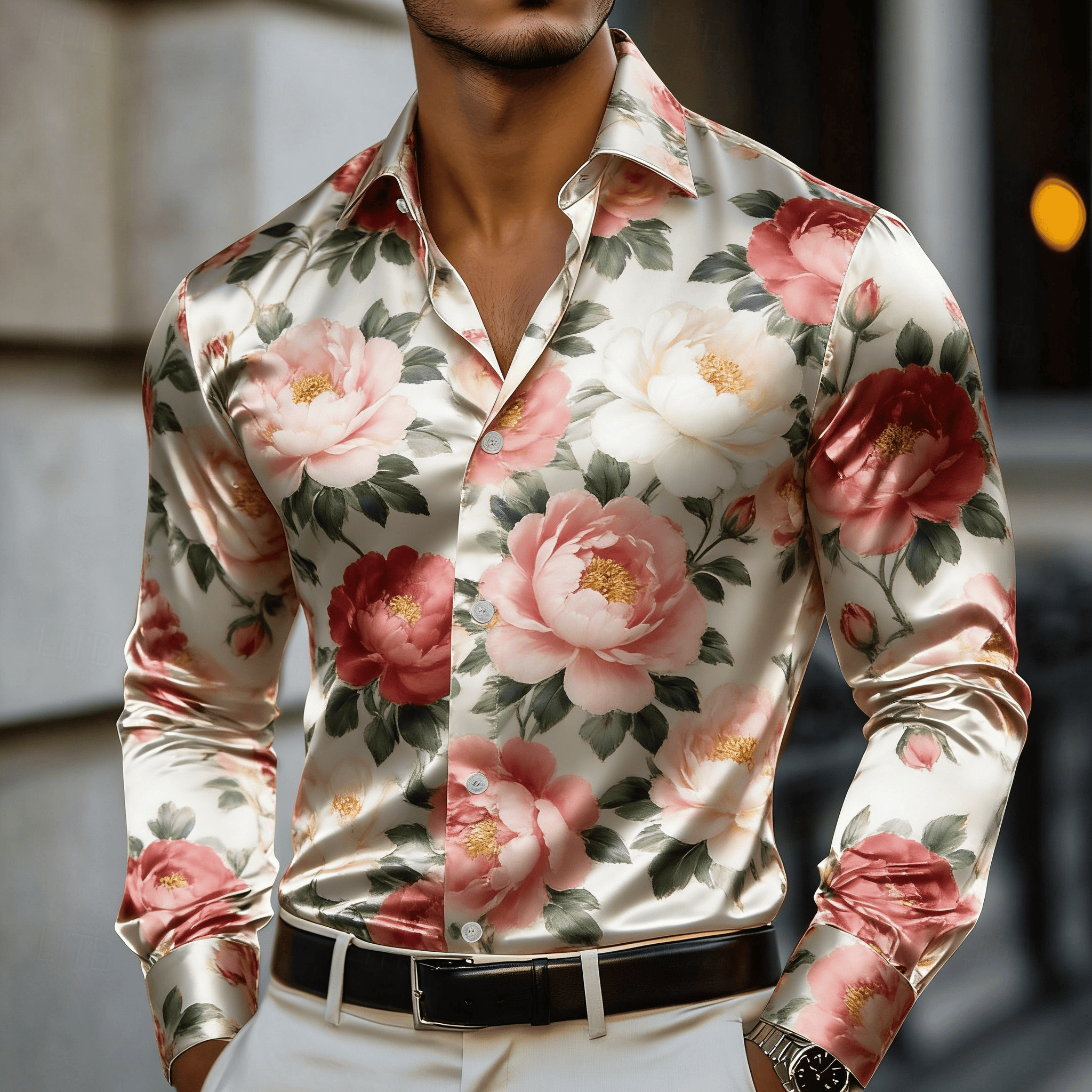 Camicia da uomo a maniche lunghe con stampa Gardenia bianca-verde, elegante e fresca per primavera/estate