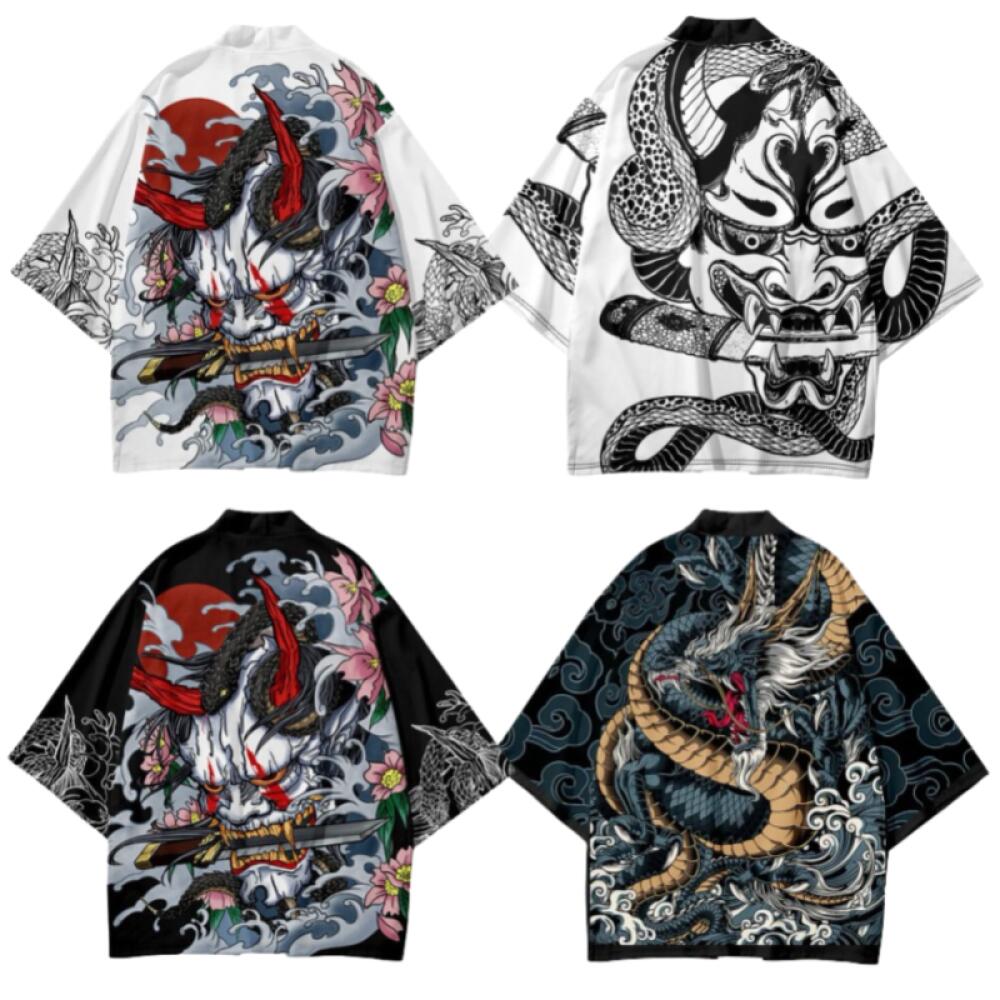 Verão demônio cobra impressão cardigan masculino dragão chinês padrão quimono japonês plus size traje tradicional asiático cosplay casaco
