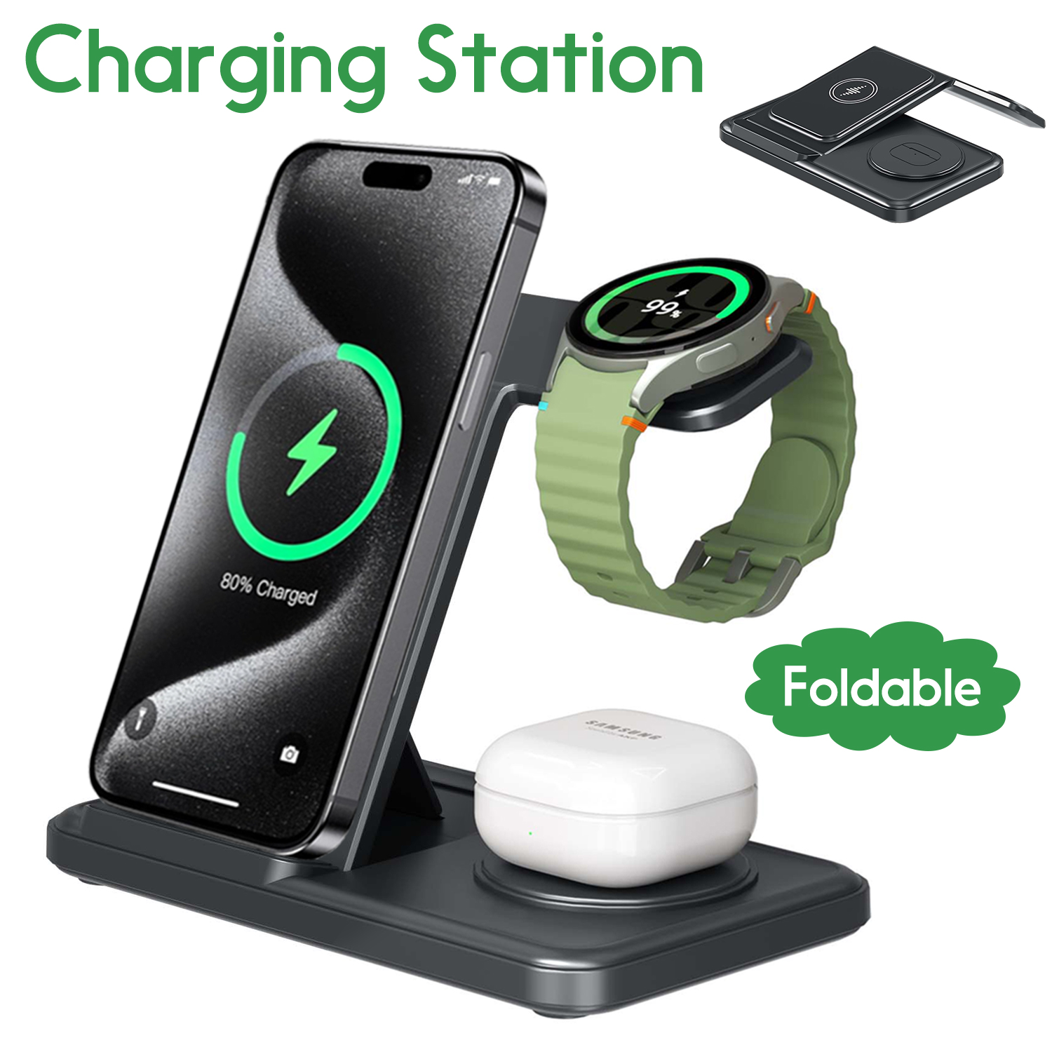Desktop 3-in-1 draadloos laadstation voor Samsung S25 S24 S23 S22 Galaxy Horloge 8 7 6 5 4 3 Buds3 Pro/Buds Pro2 Snel opladen