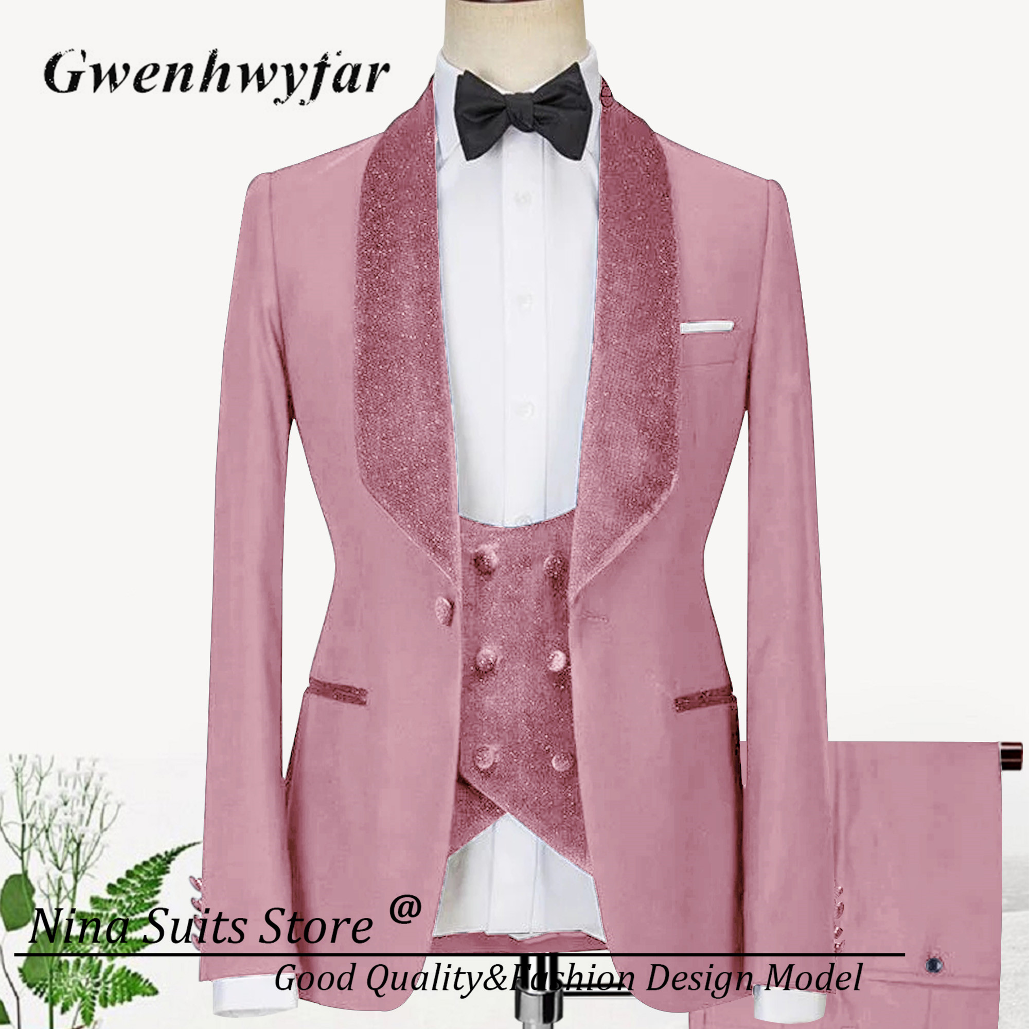 G & N-shinny noivo casamento smoking para homens, trajes de noivo, blazer de peito único, festa formal, baile, rosa, Borgonha, preto