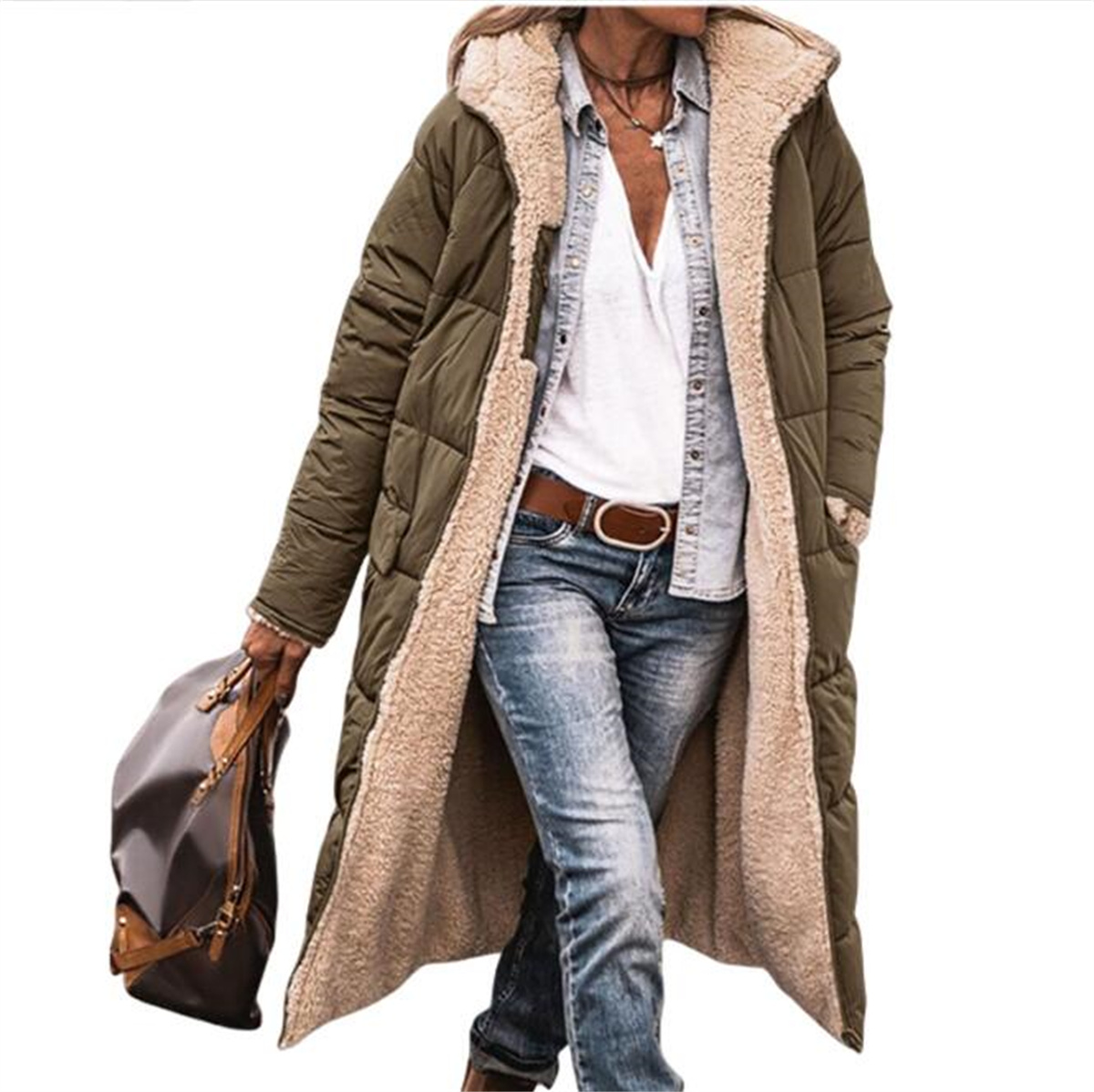 ฤดูหนาว Hooded เสื้อแจ็คเก็ตผู้หญิง REVERSIBLE แขนยาวหนาเสื้อแฟชั่นอบอุ่นยาว Casual PUFFER Coats