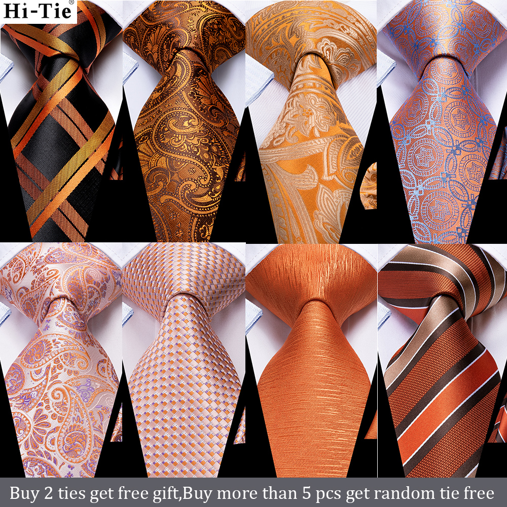 Hi-Tie Dasi Pria Set Oranye Hitam Paisley Dasi Pernikahan Sutra untuk Pria Mode Baru Desain Kualitas Hanky Manset Set Dropshipping