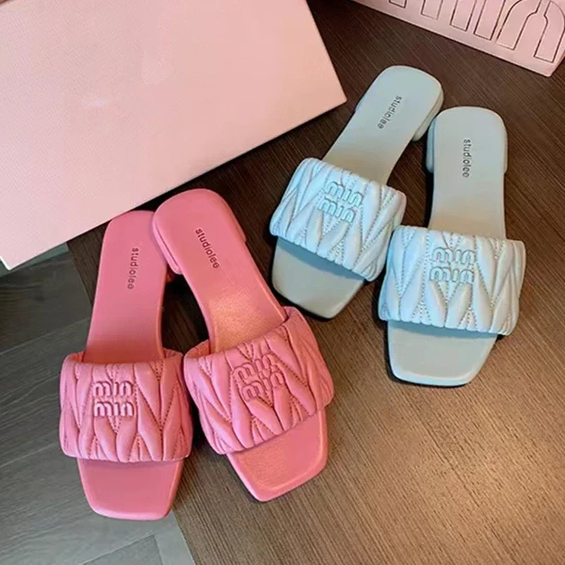 *Zomerse open teenmode, effen kleur, vierkante teen, lichtgewicht nieuwe pantoffels, vierkante hak, casual, comfortabele, elegante damesschoenen