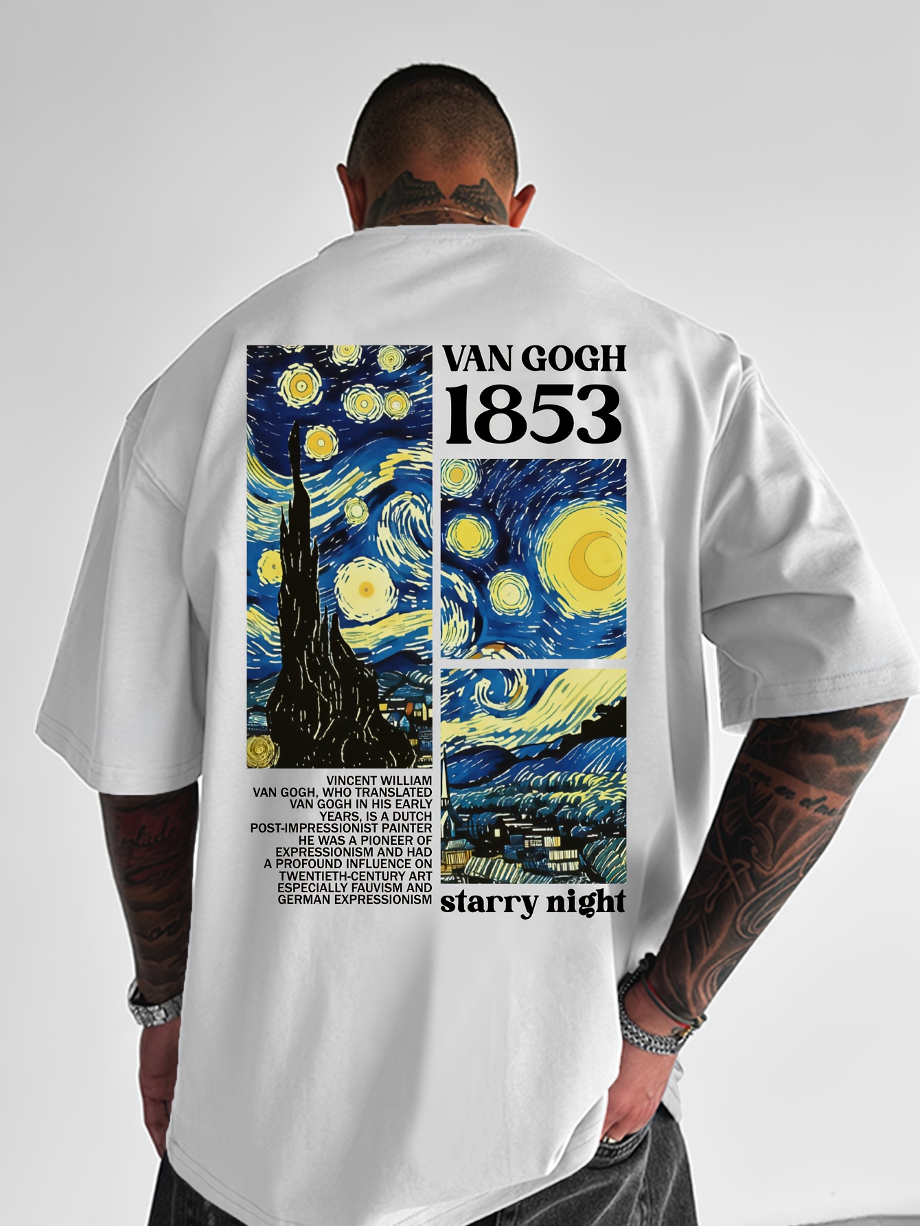 Camiseta holgada informal de moda de algodón puro 100% de verano para hombre, camiseta de manga corta con cuello redondo y pintura famosa de Van Gogh