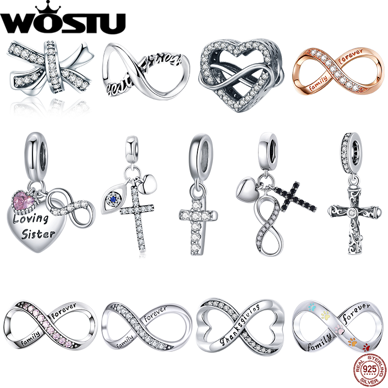 WOSTU 925 เงินสเตอร์ลิง Infinity สัญลักษณ์ลูกปัด Forever Love จี้ DIY Charms พอดีสร้อยข้อมือเดิมเครื่องประดับสําหรับของขวัญสตรี
