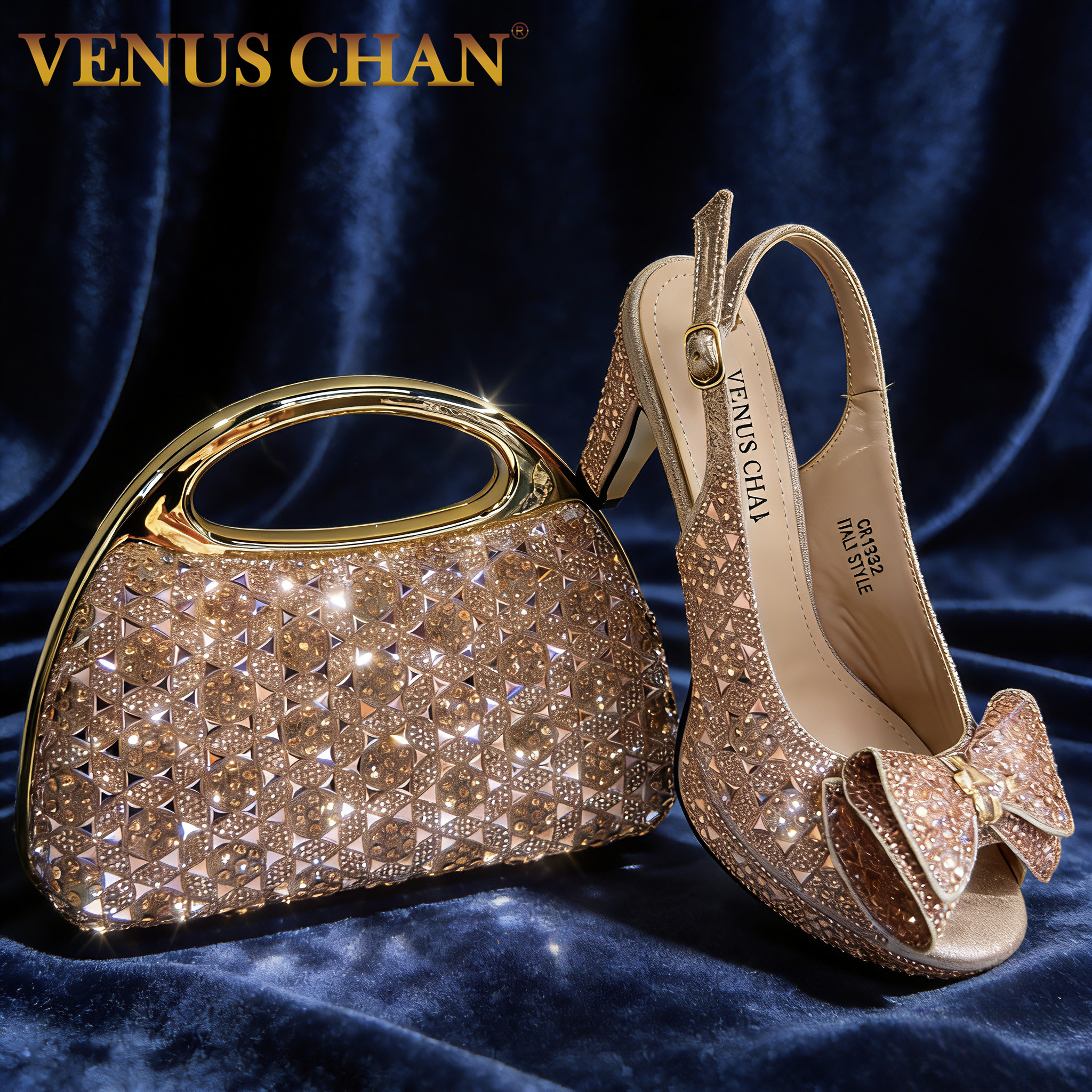 Elegantes italienisches Party-Schuh- und Taschenset für Damen – schicke Champagner-Strass-Peep-Toe-Sandalen mit hohem Absatz, perfekt für Hochzeiten