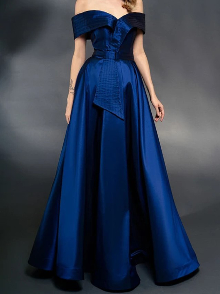 New Prom Dresses for Woman Simple Satin Off Shoulder Floor-Length A-Line Draped Formal Occasion Party Evening Elegant 2023