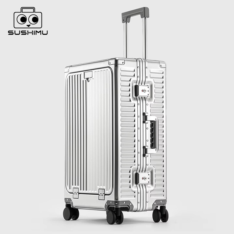 SUSHIMU 20インチ全アルミニウムマグネシウム合金製荷物、フロントオープン、トロリースーツケース、機内持ち込みスーツケース、メタルトラベル