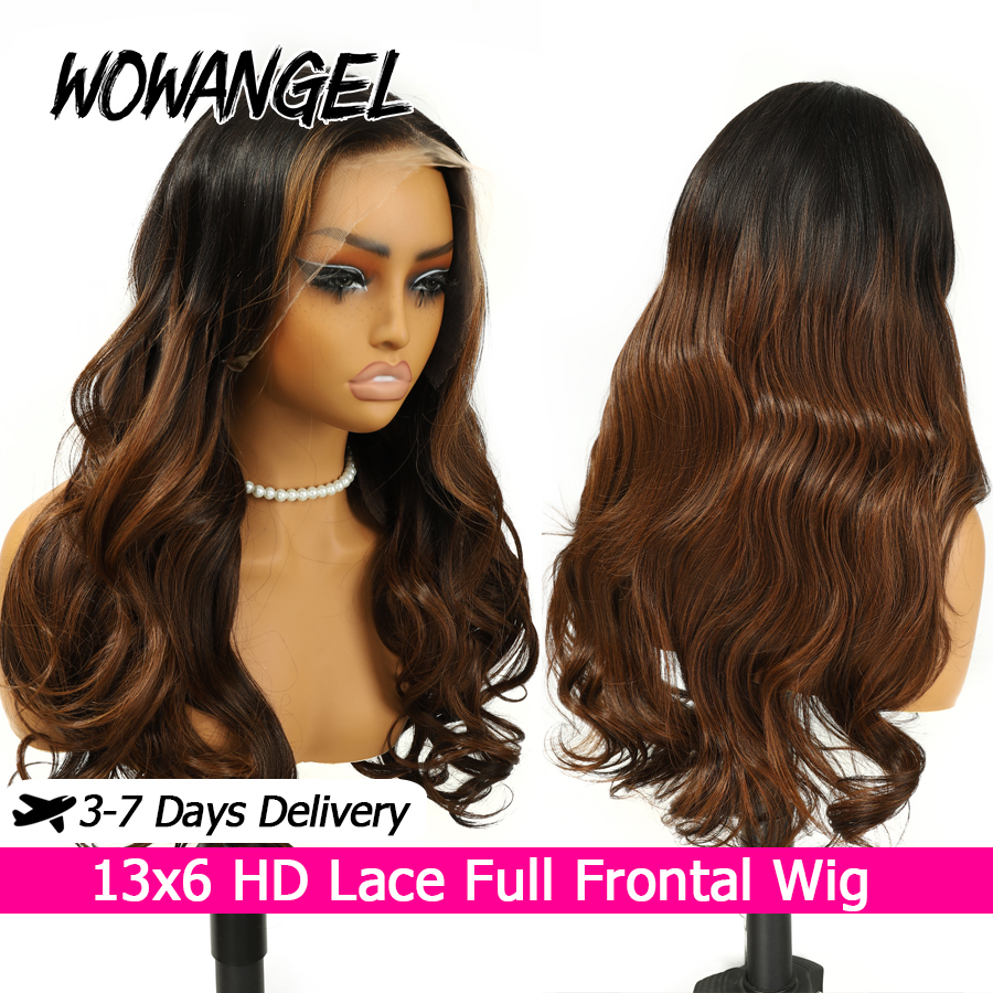 Peruca WOWANGEL Castanho Acaju com Raízes Pretas, Ondulada, 13x6 HD, Peruca Frontal de Renda Completa, 100% Cabelo Humano, Ombré Castanho, Cabelo Brasileiro