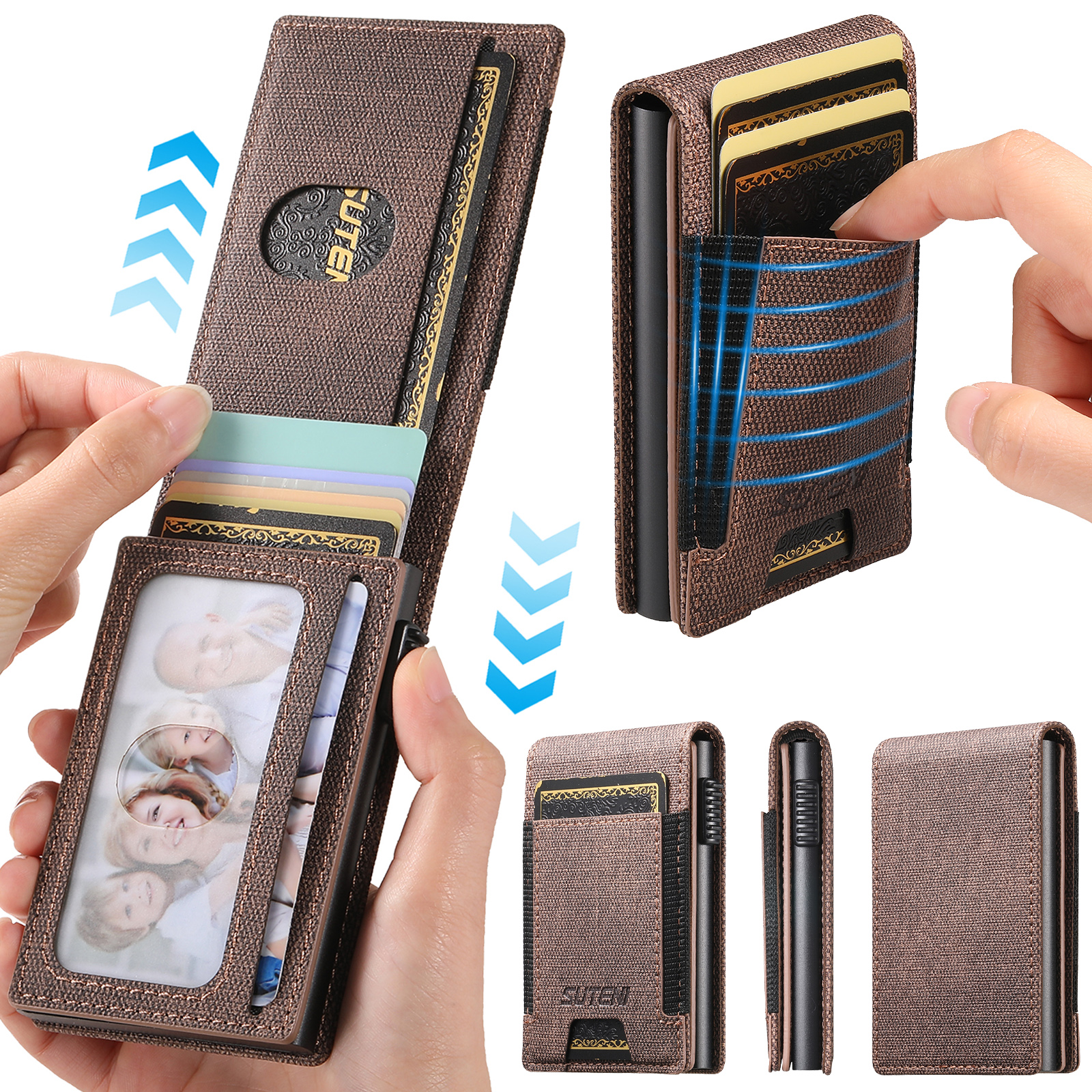 SUTENI Kulit Imitasi untuk Pria Dompet Slot Kartu Dompet Flip Cover Kotak Kartu Menekan Tombol Secara Otomatis Mengeluarkan Kartu