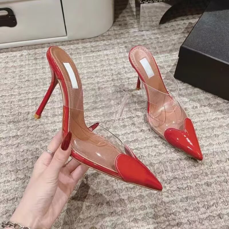Sapatos de Designer em Couro Original e Genuíno, Sandálias Transparentes Baotou para Mulheres, Saltos Finos e Pontudos