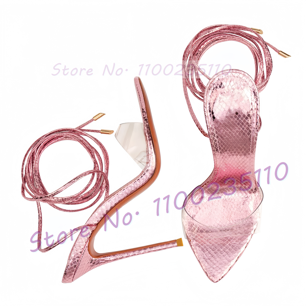 Sandálias de Salto Alto Rosa Metálico com Cadarço e Detalhes de Cobra para Mulheres, Sapatos de Salto Alto Brilhantes com Amarração Cruzada para o Verão, Sandálias Elegantes de Salto Fino para Festas Femininas