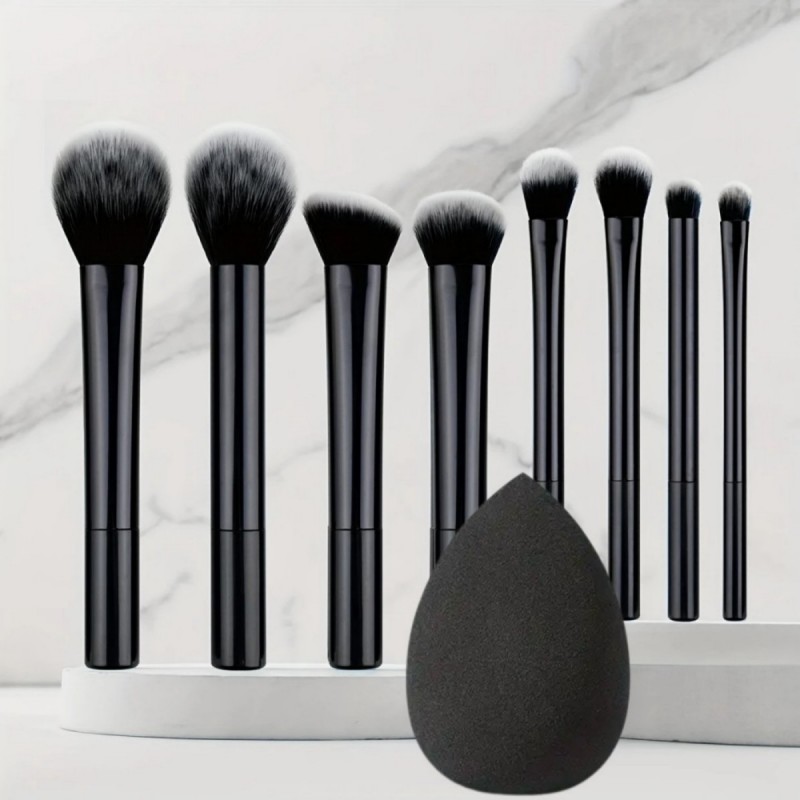 Juego de brochas de maquillaje negras multifuncionales de 9 Uds con 1 huevo de belleza, cerdas suaves para todo tipo de piel, brochas cosméticas sin Alcohol