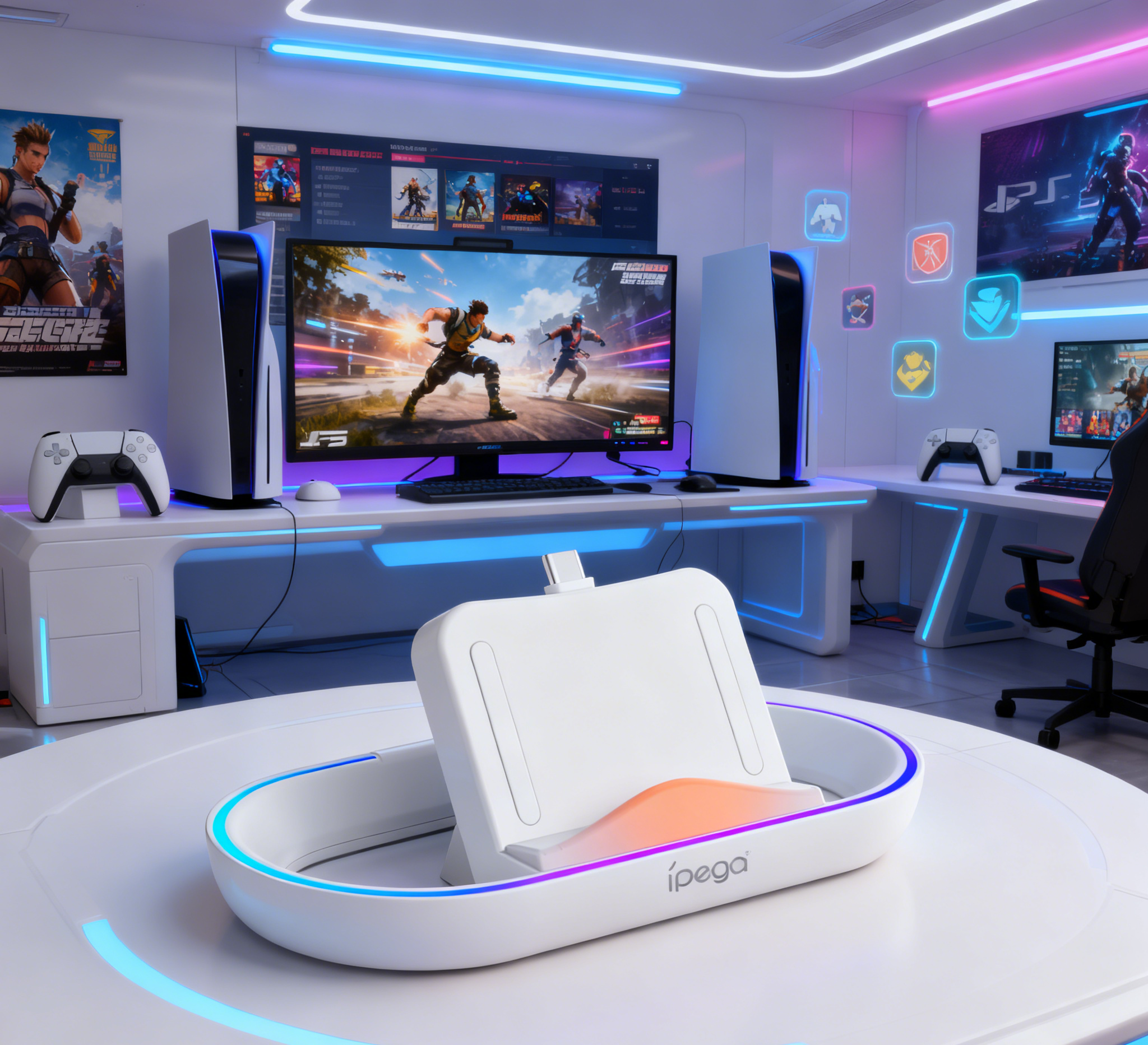 IPEGA Ladestation P5P02 für PS5 Portale mit 14 RGB-Beleuchtungsmodi, Standladegerät für PS5 Portale mit rutschfester Basis, Halterungssockel