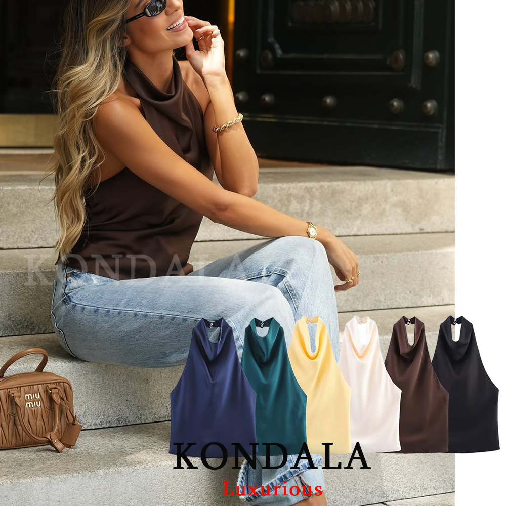 KONDALA Sexy Chic Butter Gelb Satin Tops Frauen Neckholder Rückenfrei Strand Urlaub Party Top Mode 2025, Neujahr Abend Satin Top