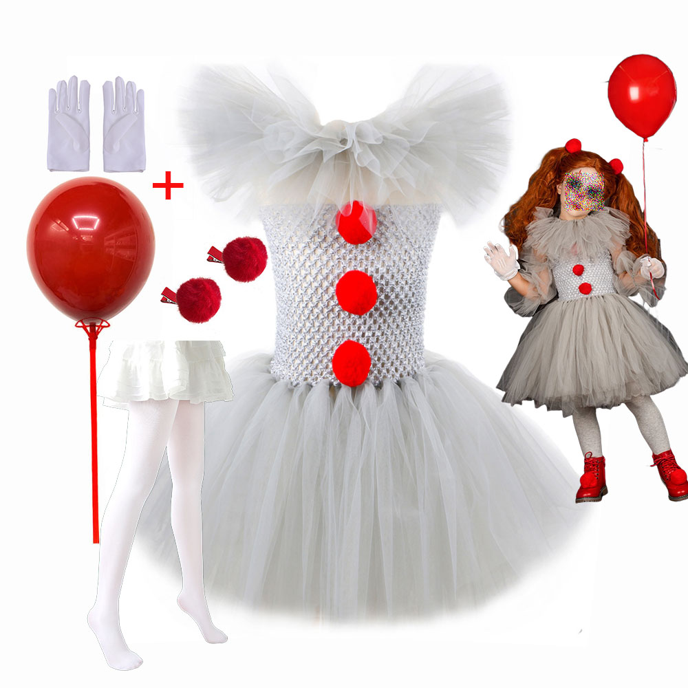 Pennywise Inspired Horrible Creature It Clown Tutu Dress Kids Joker Cosplay Costume with Hair Pin Gloves Girl Halloween Apparel