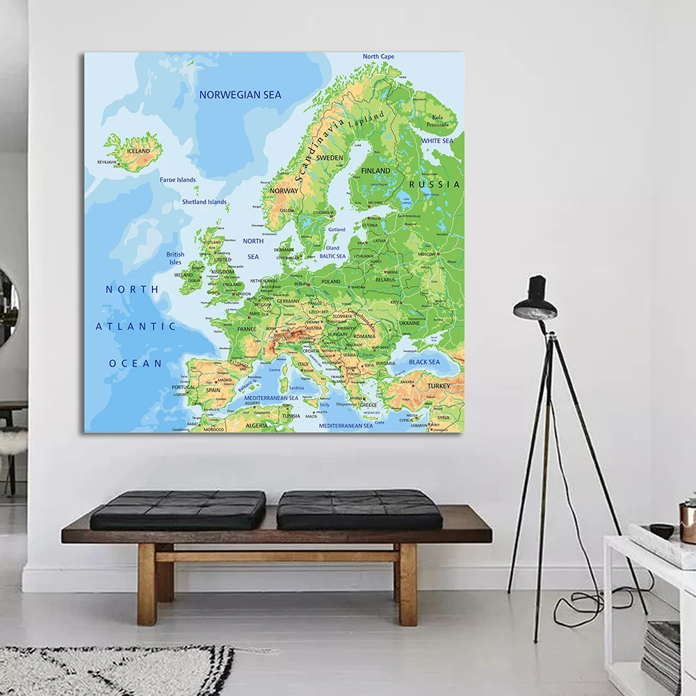 150*150Cm Trong Châu Âu Bản Đồ Địa Hình Không Dệt Vải Tranh Tường Lớn Poster Lớp Học Trang Trí Nhà Trường nguồn Cung Cấp