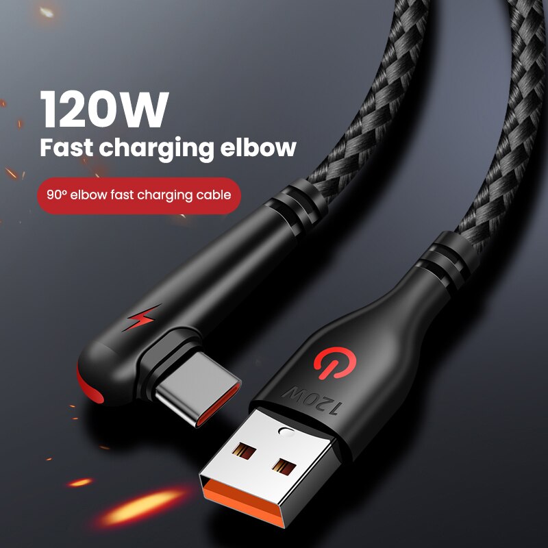 Kabel pengisi daya Cepat Ponsel Huawei Mate 40 30 Xiaomi, kabel USB ke tipe-c 120W siku 90 derajat