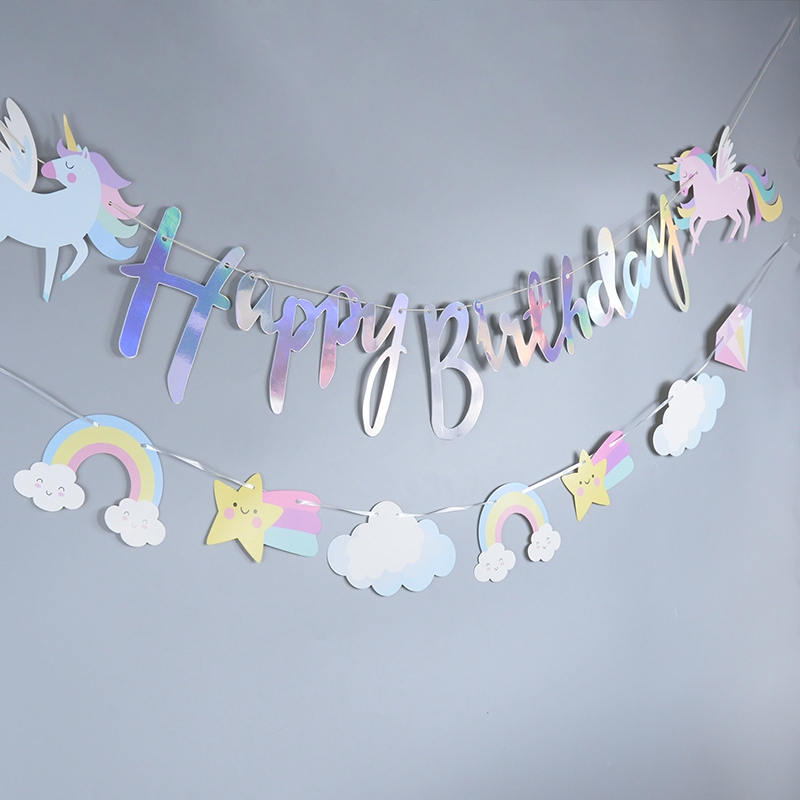 ยูนิคอร์นปาร์ตี้วันเกิดแฮปปี้แบนเนอร์กระดาษแขวน Garland ธงธีมยูนิคอร์นเด็ก 1st Birthday Party ตกแต่ง Baby Shower