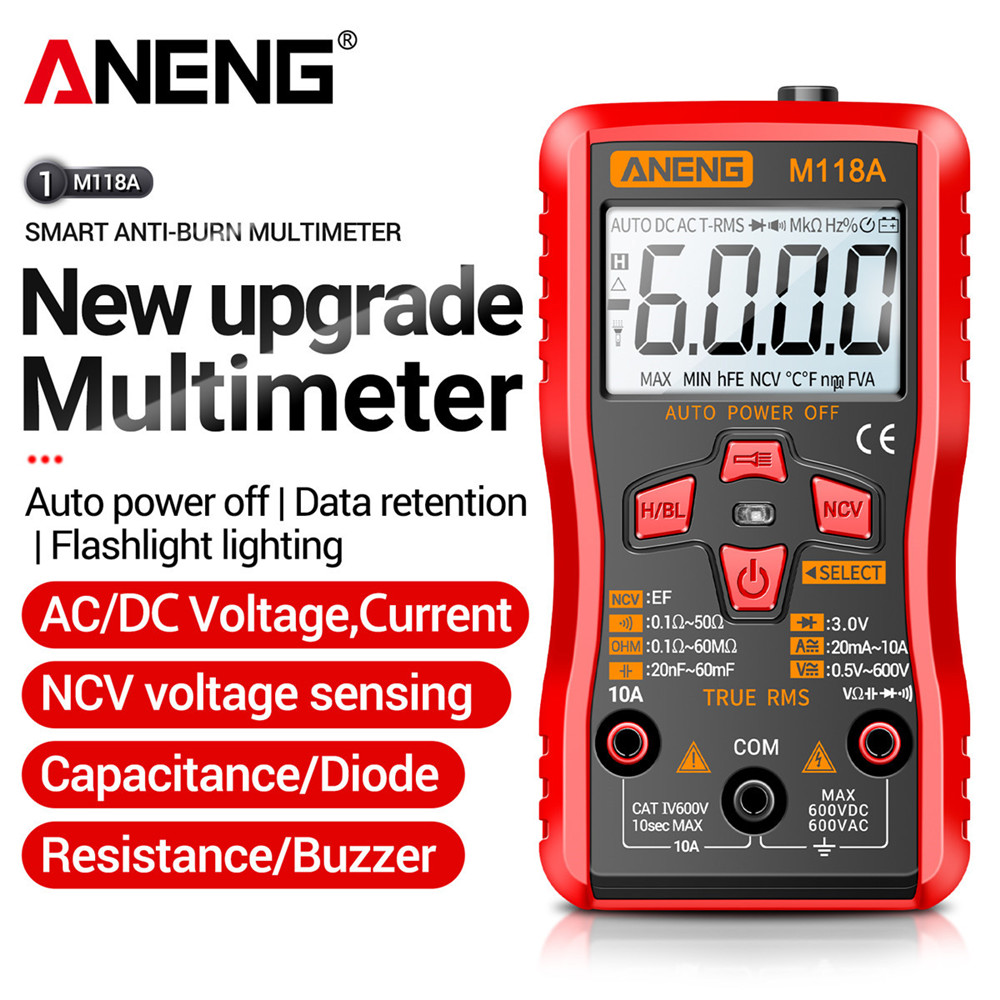 Mini multímetro Digital, medidor automático ANENG M118A, medidor de Tranistor de valores eficaces verdaderos con retención de datos NCV, linterna de 6000 recuentos