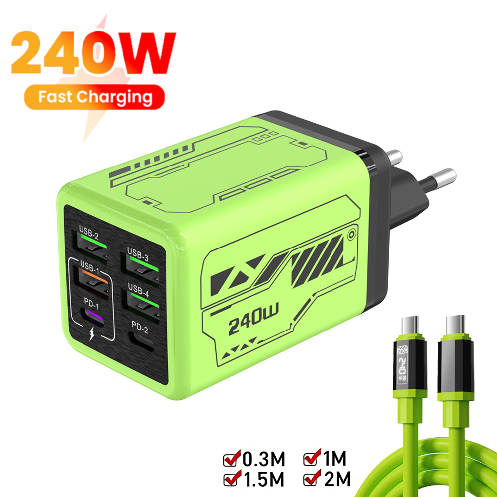 Cargador 6 en 1 de 240W Tipo C con carga rápida PD, adaptador de corriente para teléfono, compatible con iPhone, Samsung, Xiaomi, enchufe EU/US, cargador de pared de carga rápida.