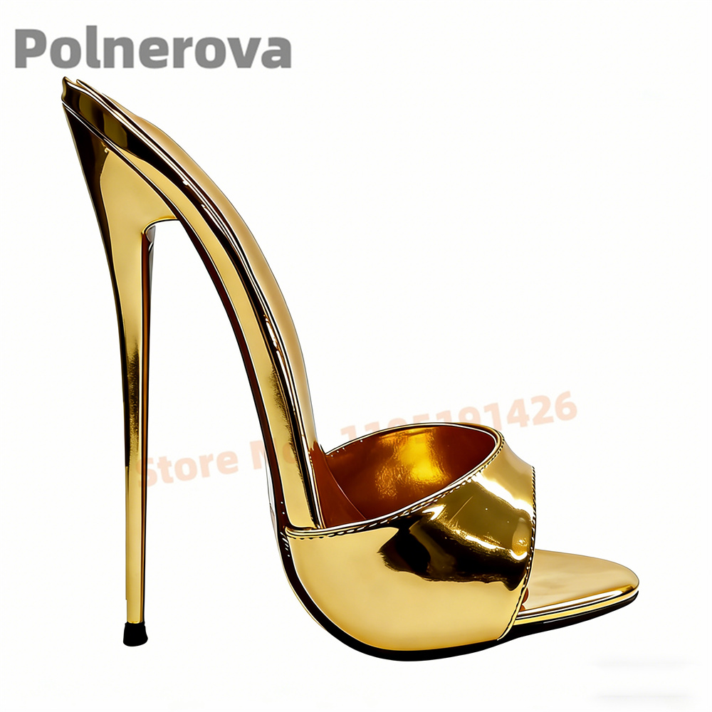 Goudkleurige metallic leren open teen muiltjes voor dames, 16 cm stiletto hoge hak, instappers, gepatenteerd leer, feest- en clubjurk schoenen