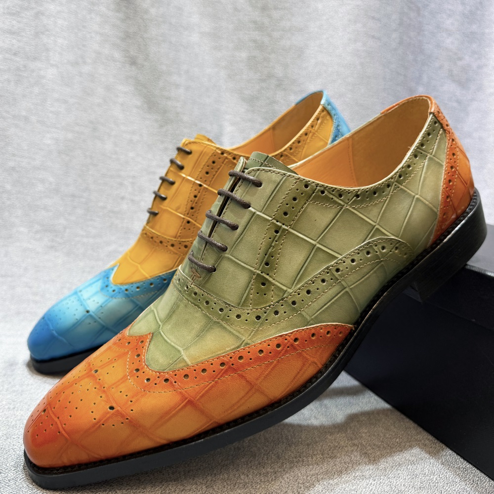 Heren lederen vleugeltip Oxfords schoenen Italiaanse trouwjurk schoenen groen/kameel zakelijke formele herenschoenen