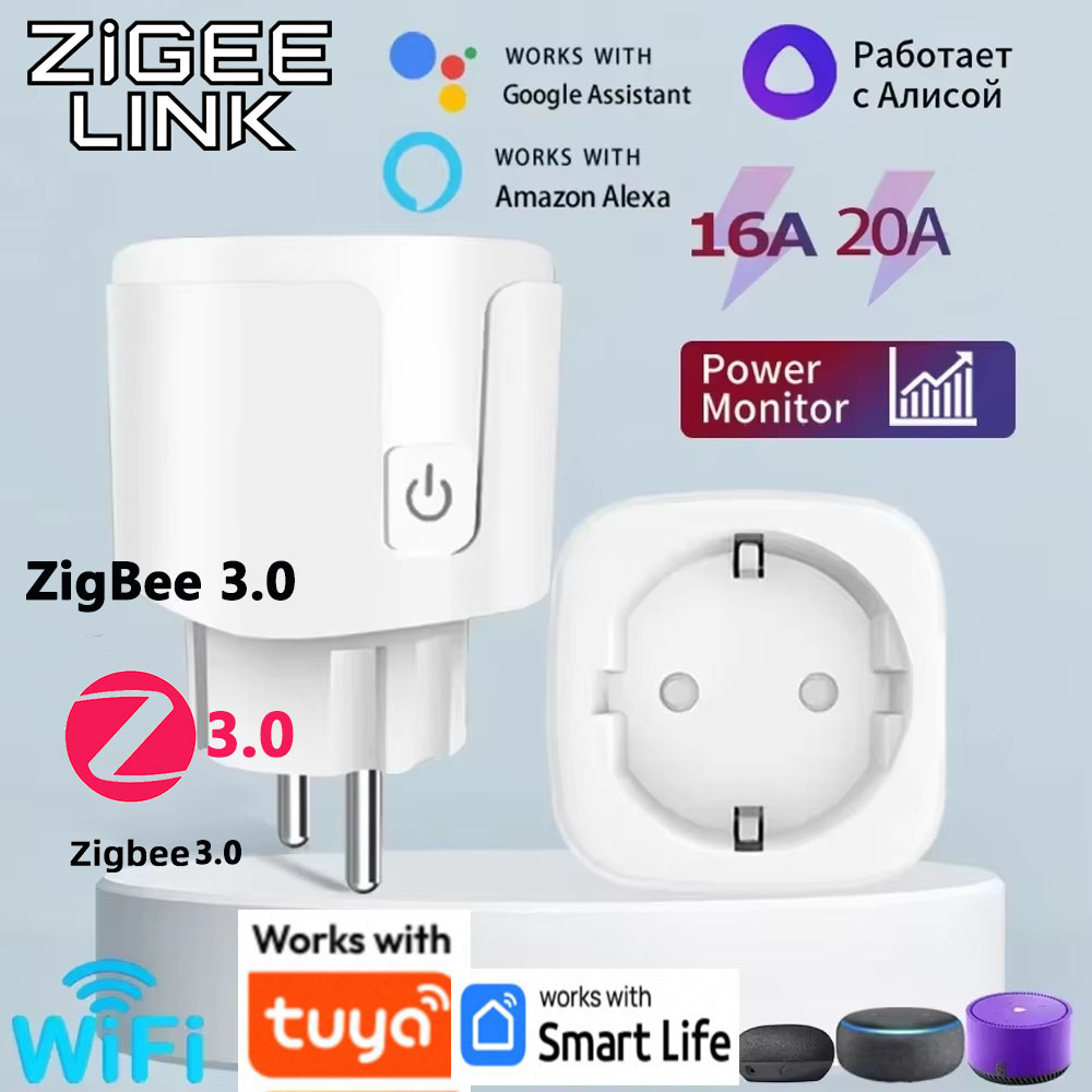 Inteligentna wtyczka Tuya EU WIFI/Zigbee 3.0 z pomiarem zużycia energii, funkcją timera, sterowaniem głosowym, inteligentny dom DIY, kompatybilna z Alexa i Google Home.